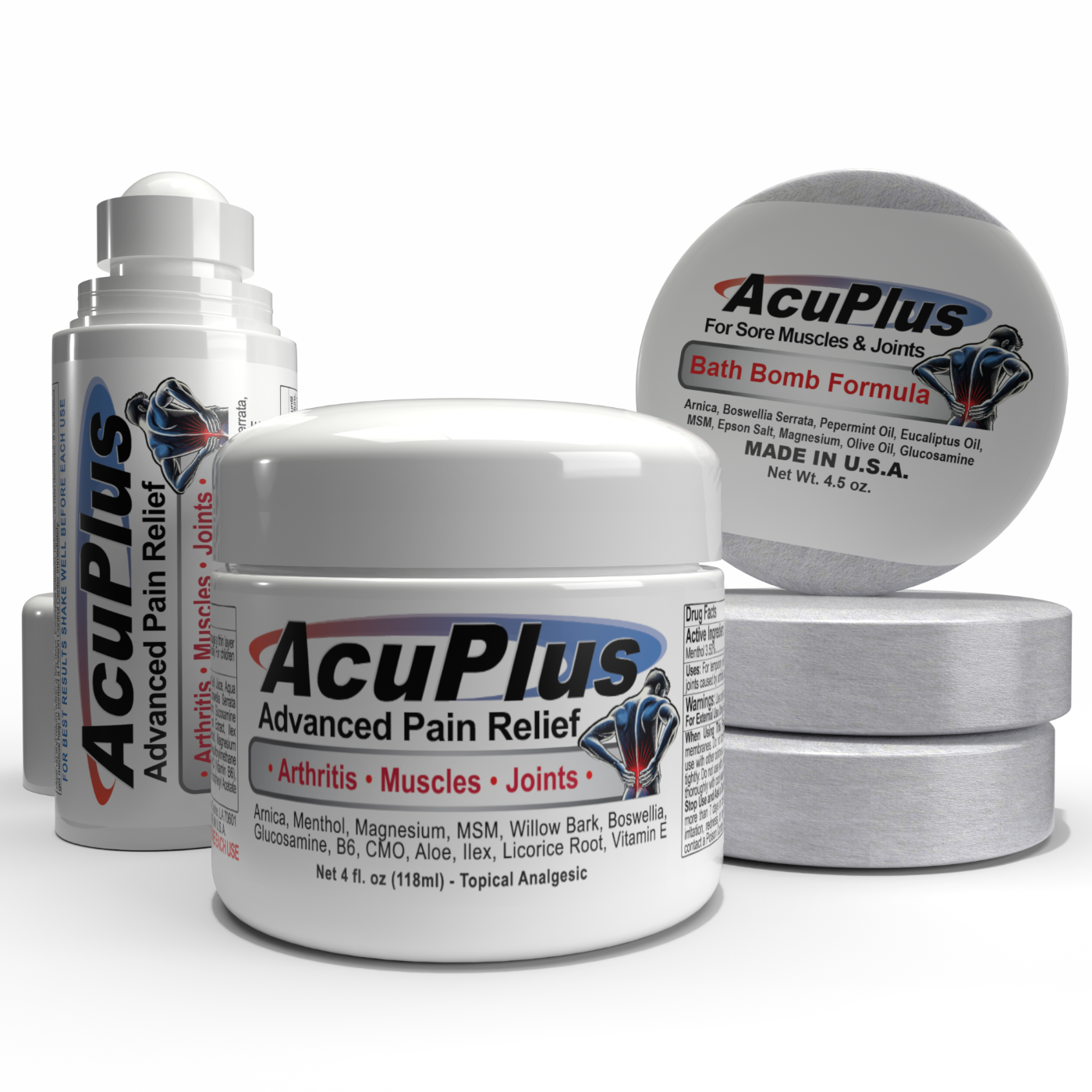 AcuPlus Ultimate Pain Relief Combo – Bath Bombs, Roll-On & Cream