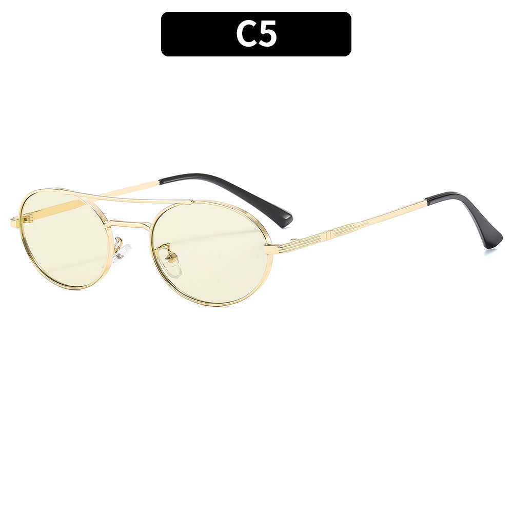 Retro Oval Dual-Beam Metal Sunglasses – Unisex UV Protection