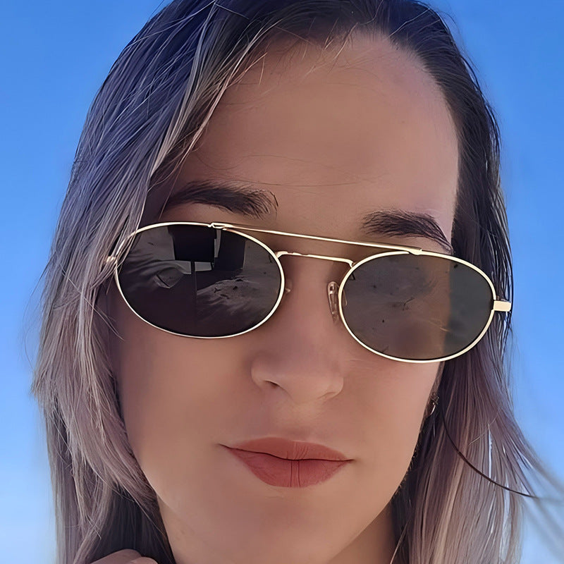 Retro Oval Dual-Beam Metal Sunglasses – Unisex UV Protection