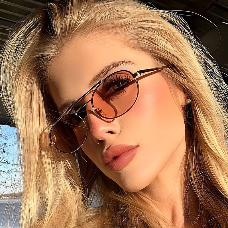 Retro Oval Dual-Beam Metal Sunglasses – Unisex UV Protection