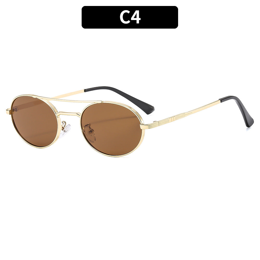 Retro Oval Dual-Beam Metal Sunglasses – Unisex UV Protection