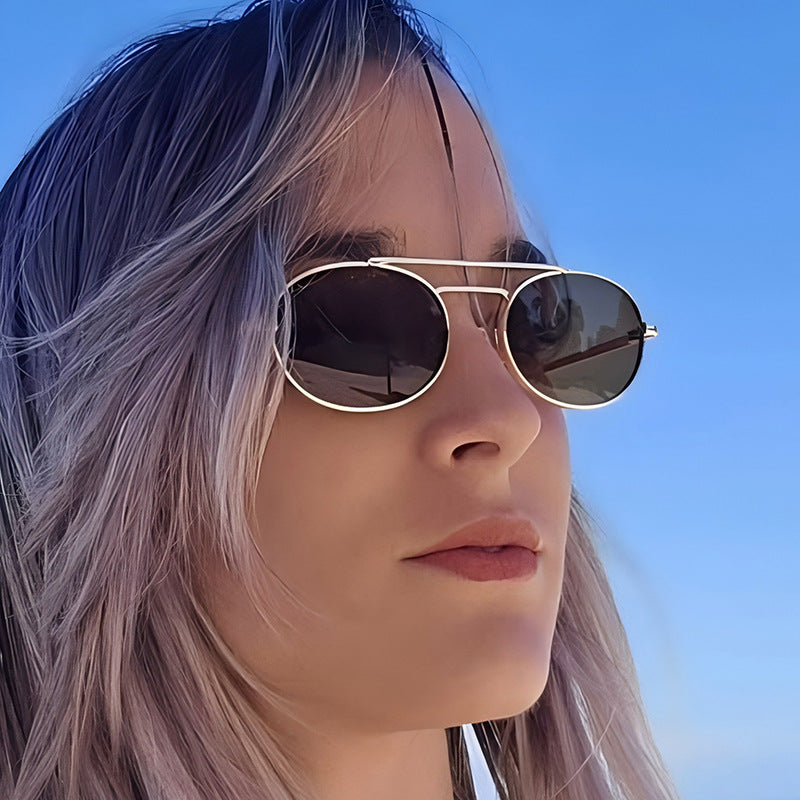 Retro Oval Dual-Beam Metal Sunglasses – Unisex UV Protection