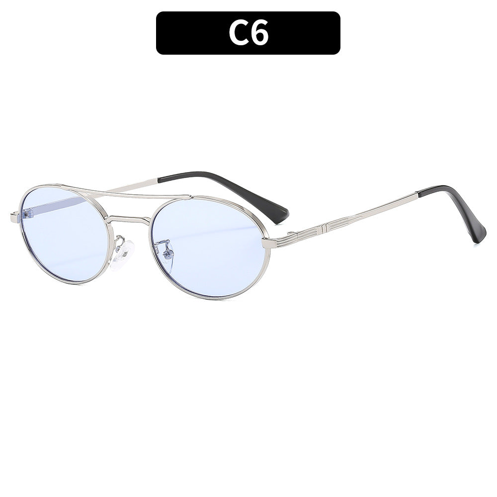Retro Oval Dual-Beam Metal Sunglasses – Unisex UV Protection