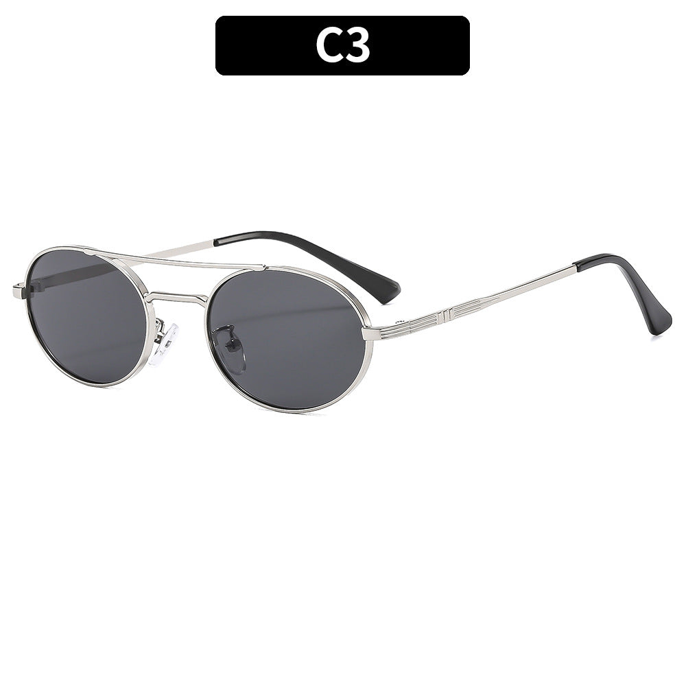 Retro Oval Dual-Beam Metal Sunglasses – Unisex UV Protection