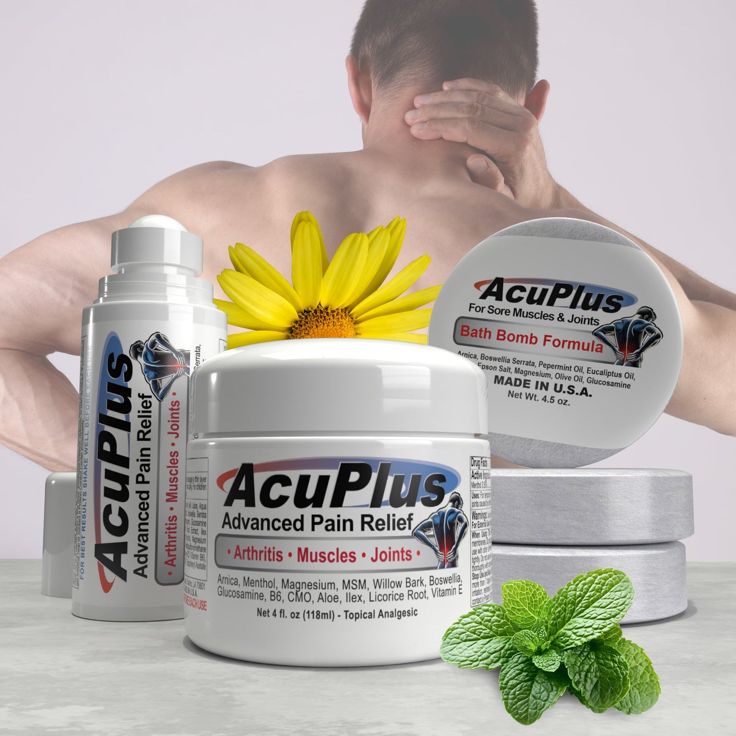 AcuPlus Ultimate Pain Relief Combo – Bath Bombs, Roll-On & Cream