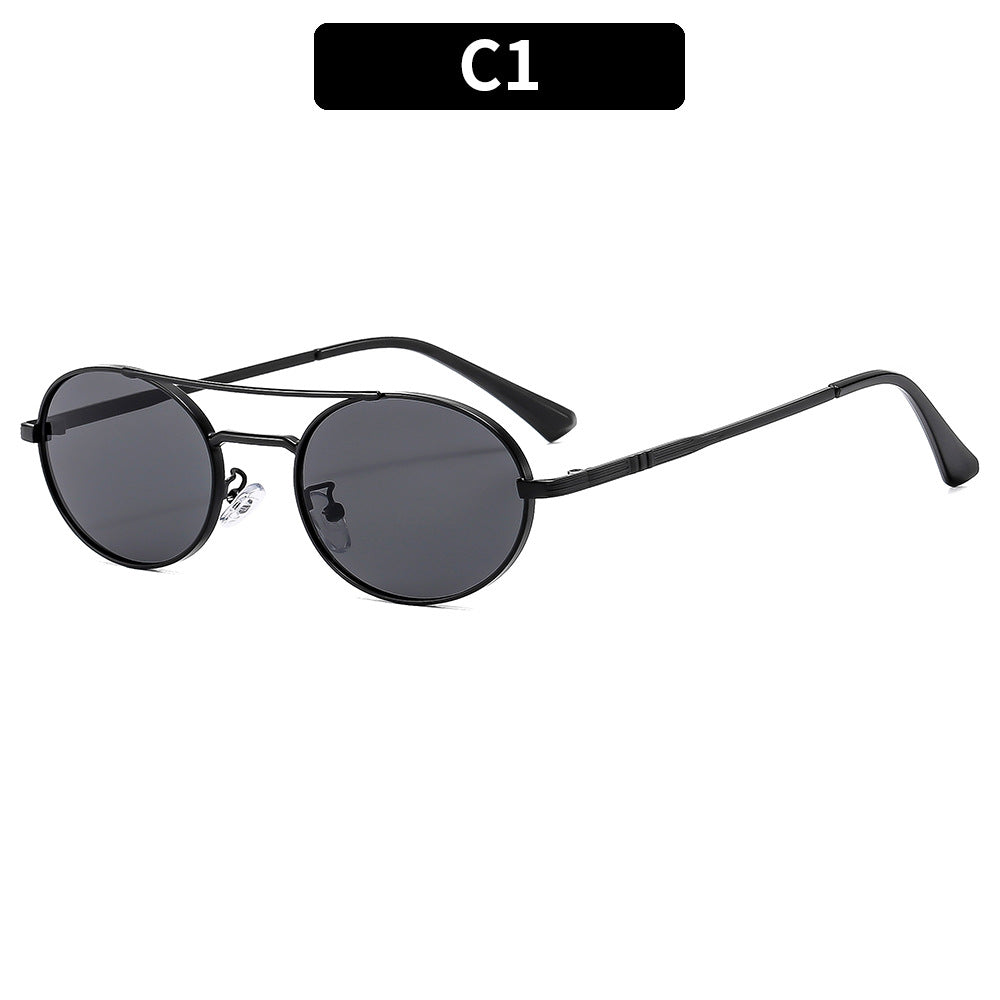 Retro Oval Dual-Beam Metal Sunglasses – Unisex UV Protection