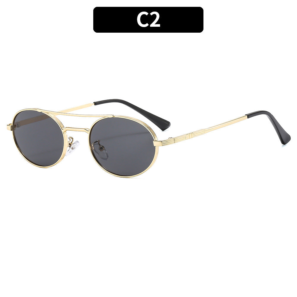 Retro Oval Dual-Beam Metal Sunglasses – Unisex UV Protection