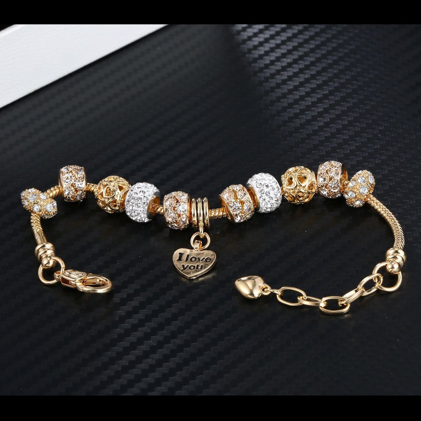 Heart Charm Bracelet with Extender Gold Plated Snake Chain Bracelets CZ Crystal Beads Charms Bracelets