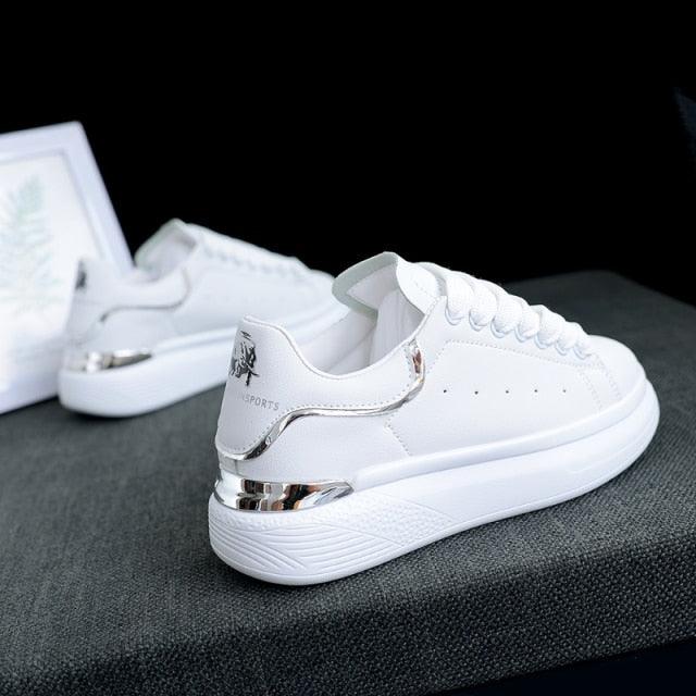 Women's White Thick-Sole Lace-Up Sneakers
