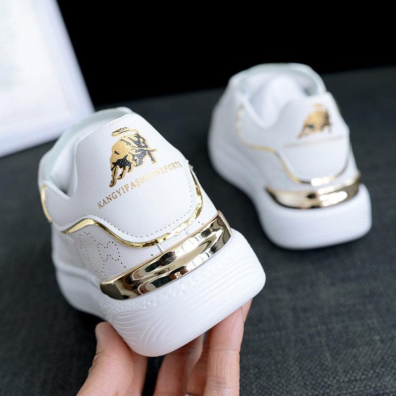 Women's White Thick-Sole Lace-Up Sneakers