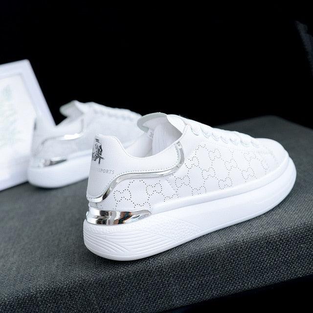 Women's White Thick-Sole Lace-Up Sneakers