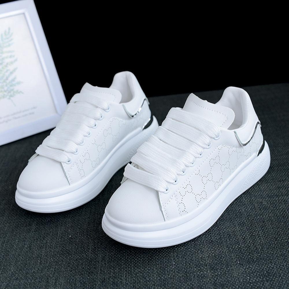 Women's White Thick-Sole Lace-Up Sneakers