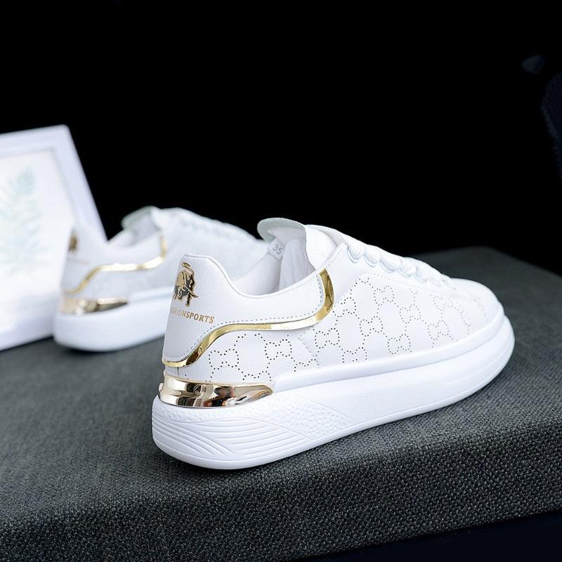 Women's White Thick-Sole Lace-Up Sneakers